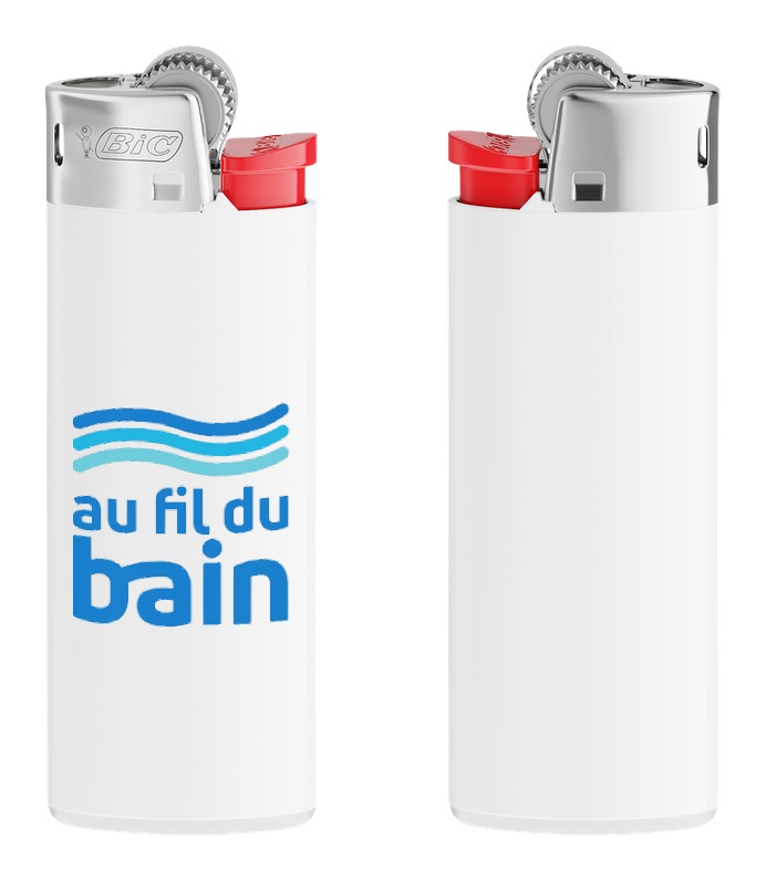 Briquet BIC J25 blanc avec logo Au Fil du Bain, face avant et face arrière