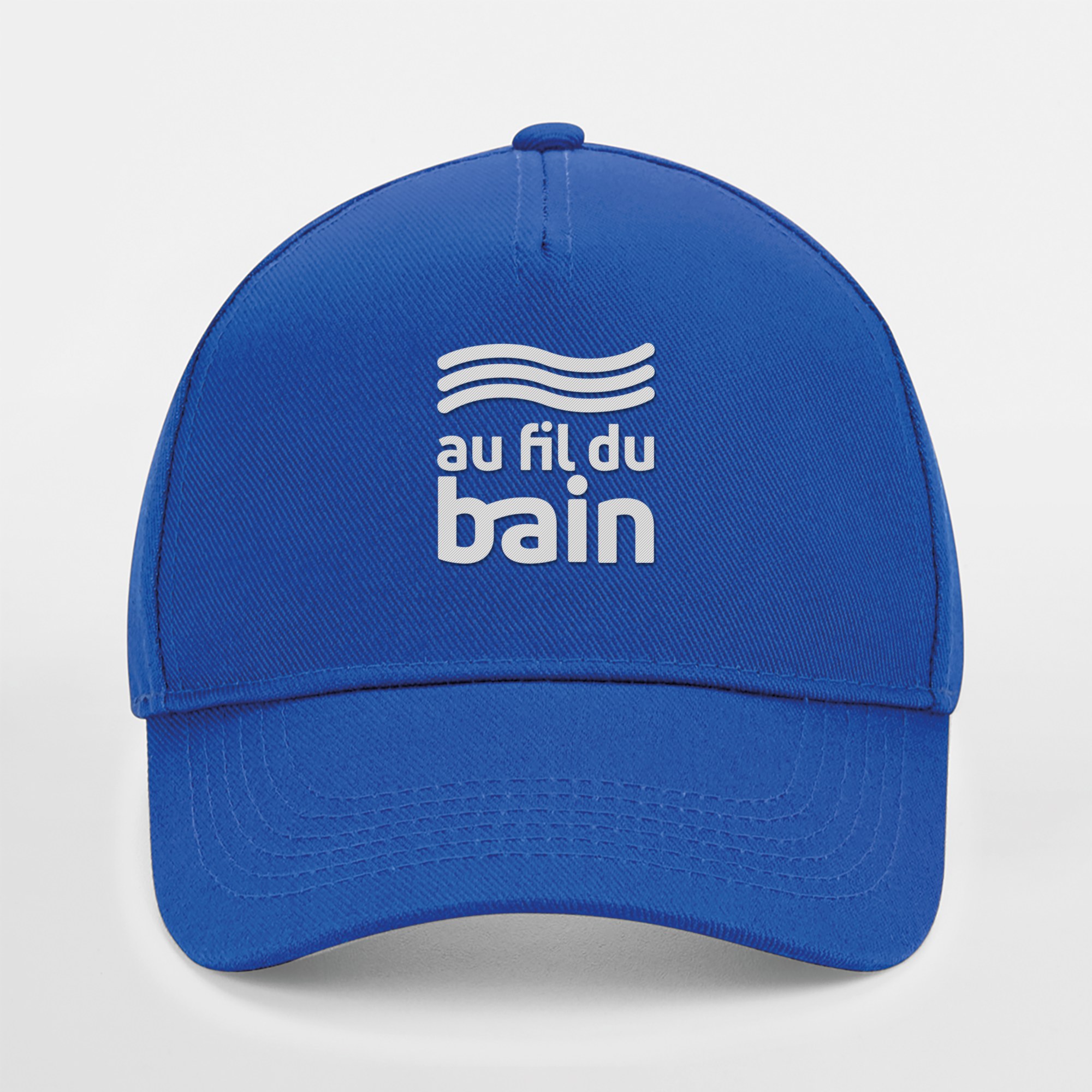 Casquette 5 panneaux bleu roi avec logo Au Fil du Bain brodé blanc