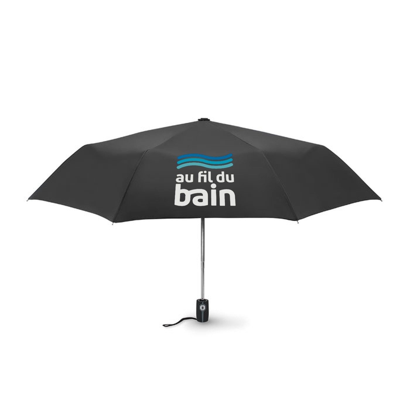 Parapluie tempête noir avec logo Au Fil du Bain sur un pan