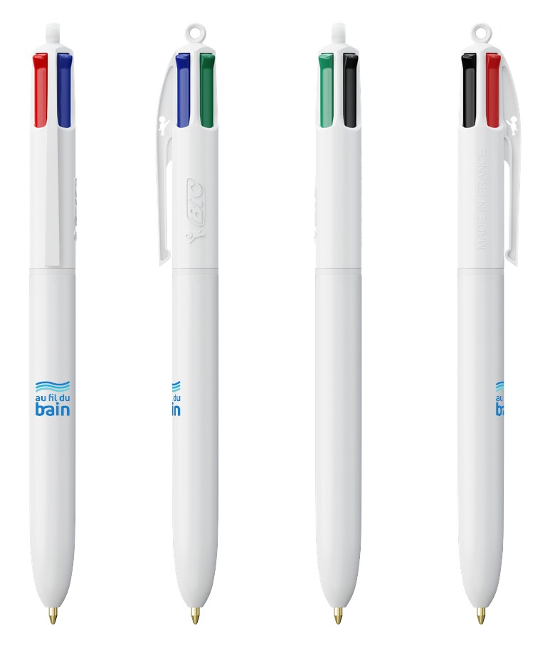 Stylo BIC 4 Couleurs blanc avec logo Au Fil du Bain, quatre vues