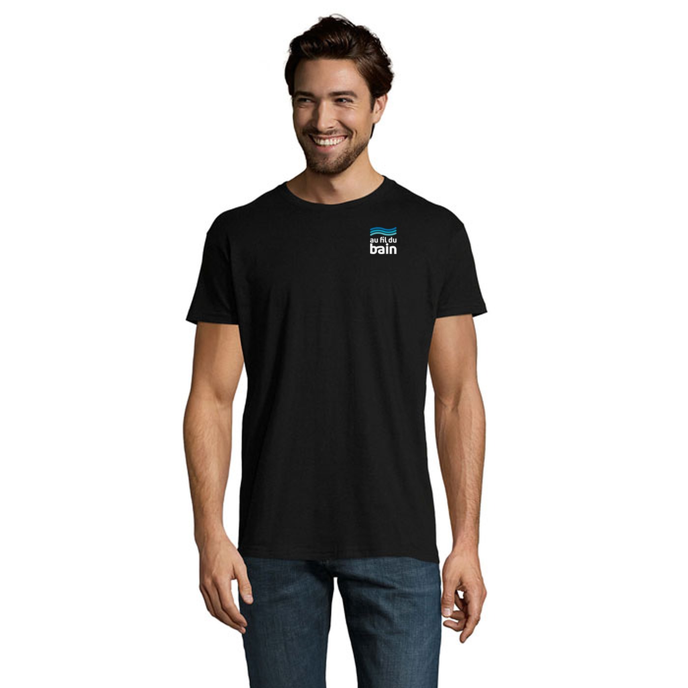 T-shirt SOL'S Imperial noir avec logo Au Fil du Bain côté cœur